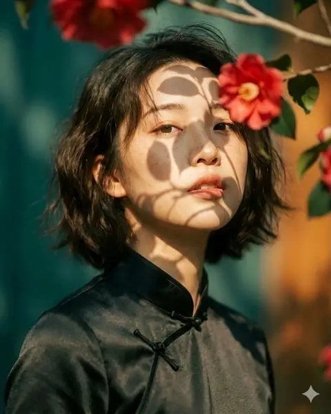 پرتره هنری زن در باغ گل